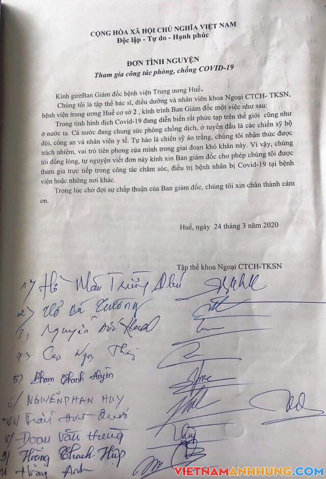 Bệnh viện Trung ương Huế: 18 y, bác sỹ viết đơn tình nguyện tham gia phòng, chống dịch Covid-19