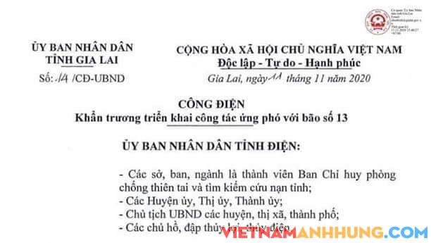 Công điện số 14 của UBND tỉnh Gia Lai khẩn trương triển khai công tác ứng phó với bão số 13