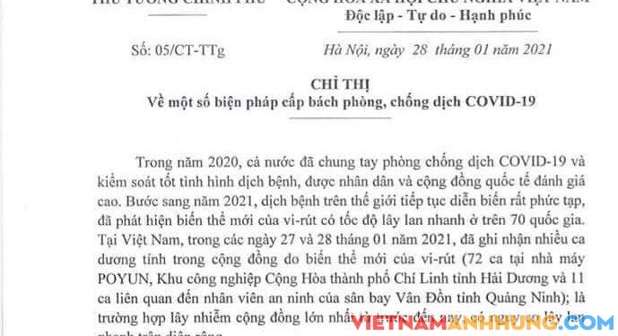 Chỉ thị của Thủ tướng về phòng, chống dịch Covid – 19