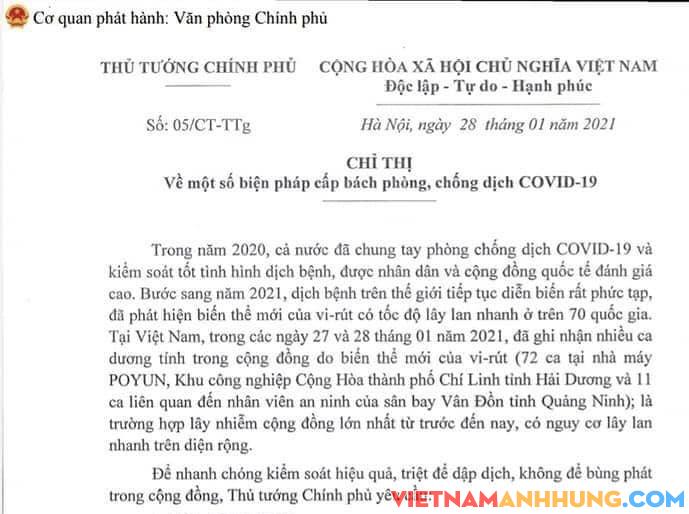 Chỉ thị của Thủ tướng về phòng, chống dịch Covid – 19