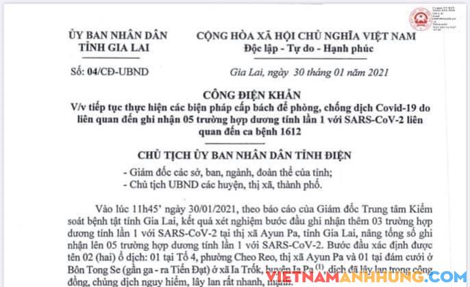 UBND tỉnh Gia Lai chỉ đạo phong toả thị xã Ayun Pa và huyện Ia Pa từ 14 giờ 00 phút ngày 30/01/2021 cho đến khi có thông báo mới