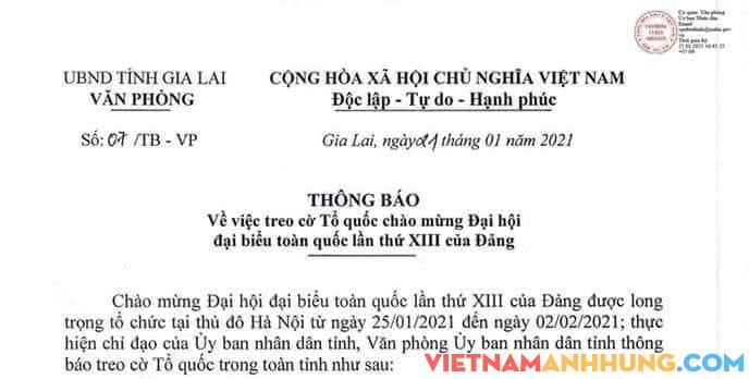 Thông báo treo cờ Tổ quốc chào mừng Đại hội đại biểu toàn quốc lần thứ XIII của Đảng