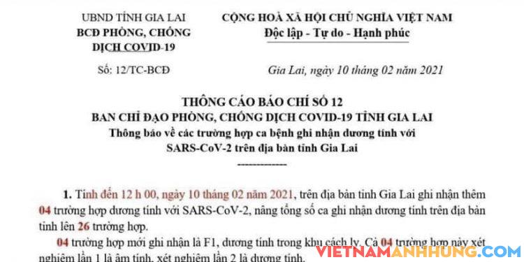 Thông cáo báo chí số 12 về việc Gia Lai có thêm 04 ca dương tính Covid-19