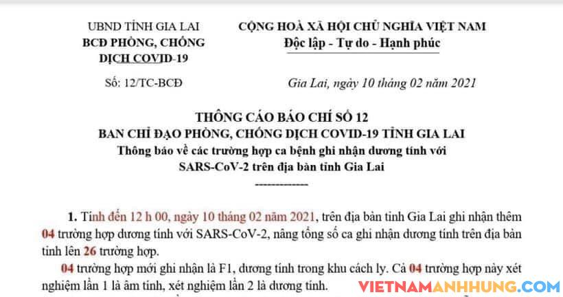 Thông cáo báo chí số 12 về việc Gia Lai có thêm 04 ca dương tính Covid-19