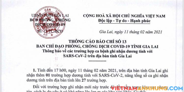Thông cáo báo chí số 13 về việc thêm 01 ca dương tính Covid-19