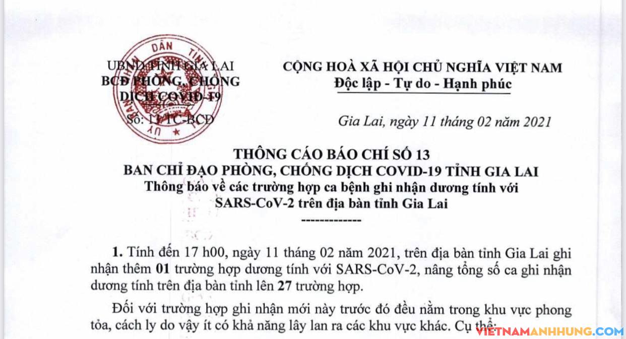 Thông cáo báo chí số 13 về việc thêm 01 ca dương tính Covid-19