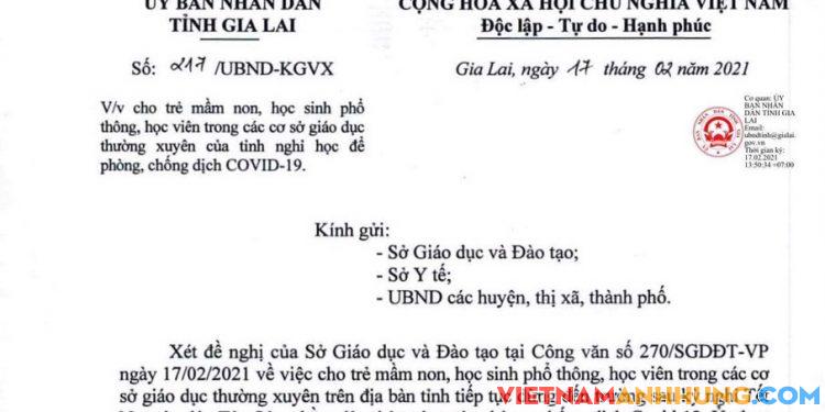 Tin nóng: Gia Lai cho học sinh nghỉ học hết 28/02/2021