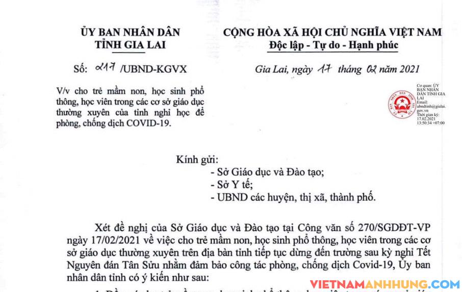 Tin nóng: Gia Lai cho học sinh nghỉ học hết 28/02/2021