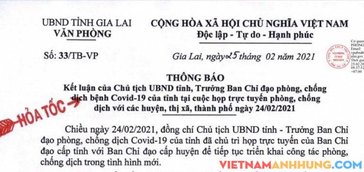 Thông báo kết luận của Chủ tịch UBND tỉnh tại cuộc họp trực tuyến của Ban chỉ đạo phòng chống dịch bệnh Covid-19 của tỉnh ngày 24/02/2021
