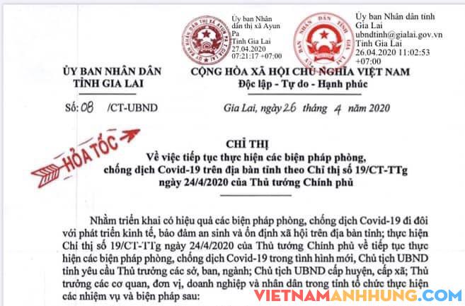 Chỉ thị số 08 của UBND tỉnh Gia Lai về thực hiện các biện pháp phòng chống dịch Covid-19