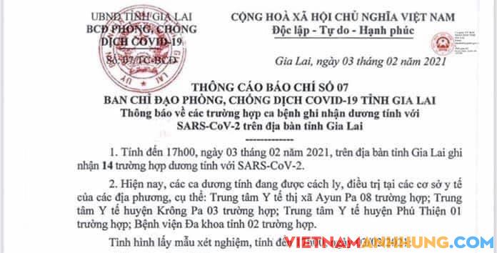Thông cáo báo chí số 7 của Ban Chỉ đạo phòng, chống dịch Covid-19 tỉnh Gia Lai (22g40, ngày 03/02/2021)