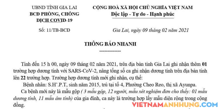 Gia Lai ghi nhận thêm 01 ca dương tính Covid-19