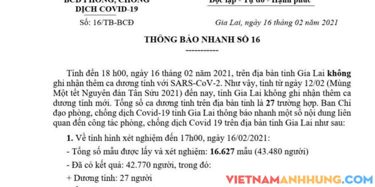 Thông báo nhanh số 16 của BCĐ Phòng, chống COVID-19 tỉnh Gia Lai.