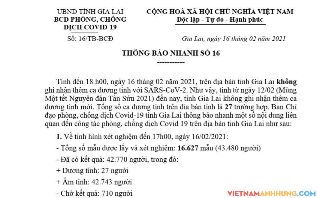 Thông báo nhanh số 16 của BCĐ Phòng, chống COVID-19 tỉnh Gia Lai.