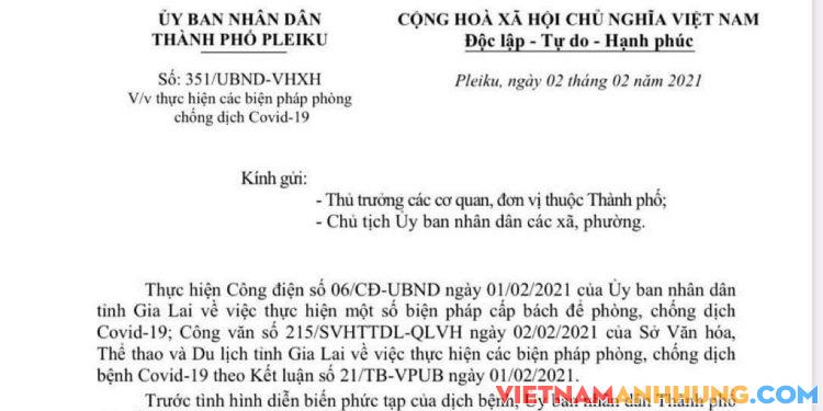 Công văn về việc thực hiện các biện pháp phòng, chống dịch Covid-19 của Ủy ban Nhân dân thành phố Pleiku.