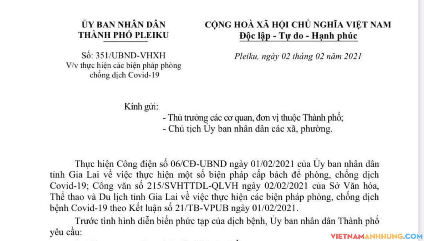 Công văn về việc thực hiện các biện pháp phòng, chống dịch Covid-19 của Ủy ban Nhân dân thành phố Pleiku.