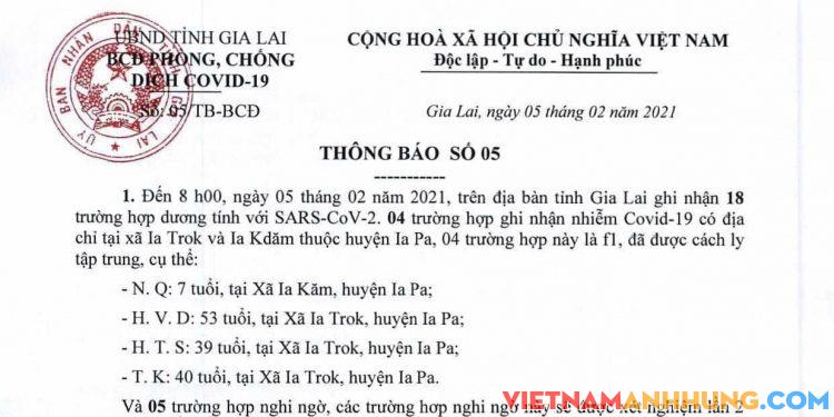 Thông báo số 05 của Ban Chỉ đạo phòng, chống dịch Covid-19 tỉnh Gia Lai (12g30 ngày 05/02/2021)