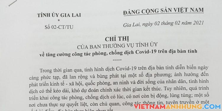 Chỉ thị của BTV về tăng cường phòng, chống Covid-19 trên địa bàn tỉnh