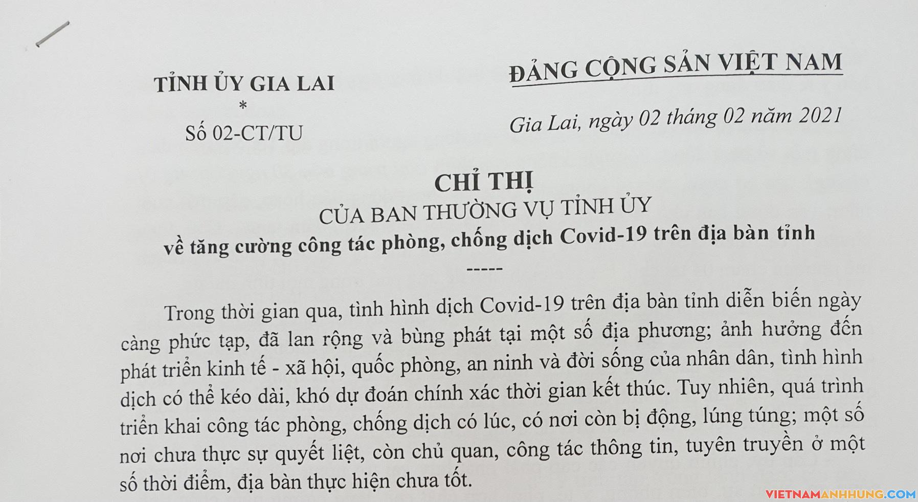 Chỉ thị của BTV về tăng cường phòng, chống Covid-19 trên địa bàn tỉnh