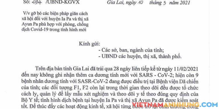 Gia Lai: Gỡ bỏ các biện pháp giãn cách xã hội đối với huyện Ia Pa và thị xã Ayun Pa từ 0 giờ 00 phút ngày 11/3/2021