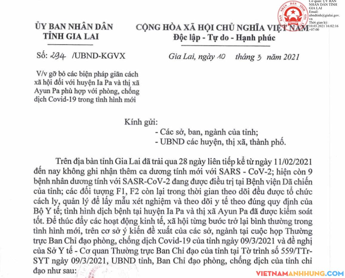 Gia Lai: Gỡ bỏ các biện pháp giãn cách xã hội đối với huyện Ia Pa và thị xã Ayun Pa từ 0 giờ 00 phút ngày 11/3/2021