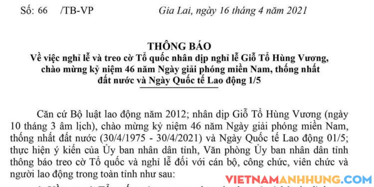 Gia Lai: Thông báo việc nghỉ lễ và treo cờ Tổ quốc nhân dịp nghỉ lễ