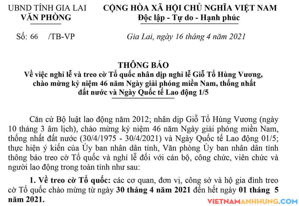 Gia Lai: Thông báo việc nghỉ lễ và treo cờ Tổ quốc nhân dịp nghỉ lễ