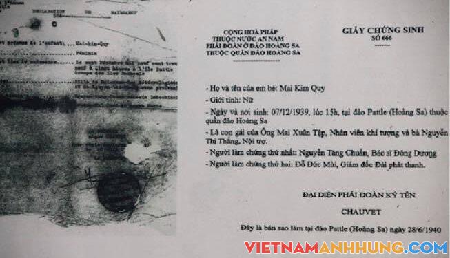 Giấy chứng sinh của em bé Mai Kim Quy sinh ngày 07-12-1939 trên đảo Hoàng Sa thuộc quần đảo Hoàng Sa, Việt Nam