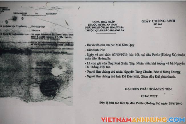 Giấy chứng sinh của em bé Mai Kim Quy sinh ngày 07-12-1939 trên đảo Hoàng Sa thuộc quần đảo Hoàng Sa, Việt Nam