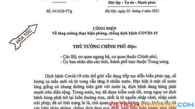 Công điện của Thủ tướng Chính phủ về tăng cường thực hiện phòng, chống dịch Covid – 19