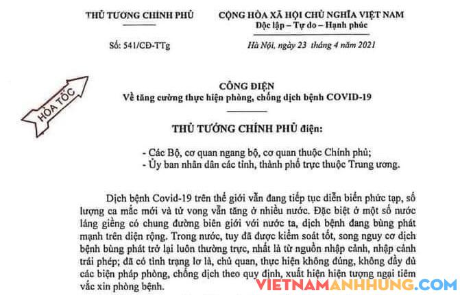 Công điện của Thủ tướng Chính phủ về tăng cường thực hiện phòng, chống dịch Covid – 19