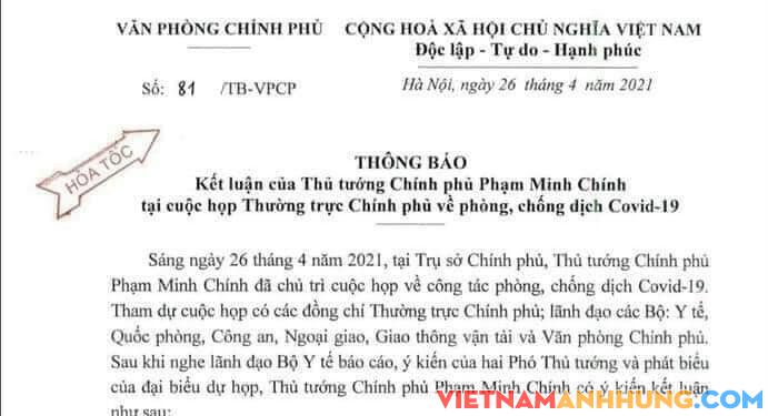 KHẨN: Thông báo hỏa tốc kết luận của Thủ tướng Chính phủ tại cuộc họp Thường trực Chính phủ về phòng, chống dịch COVID-19.
