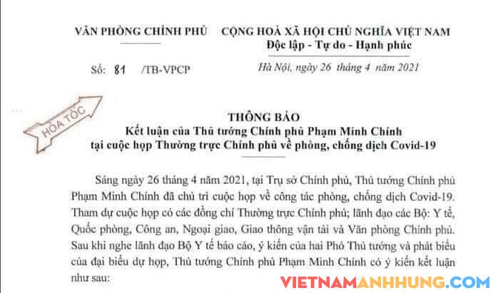 KHẨN: Thông báo hỏa tốc kết luận của Thủ tướng Chính phủ tại cuộc họp Thường trực Chính phủ về phòng, chống dịch COVID-19.