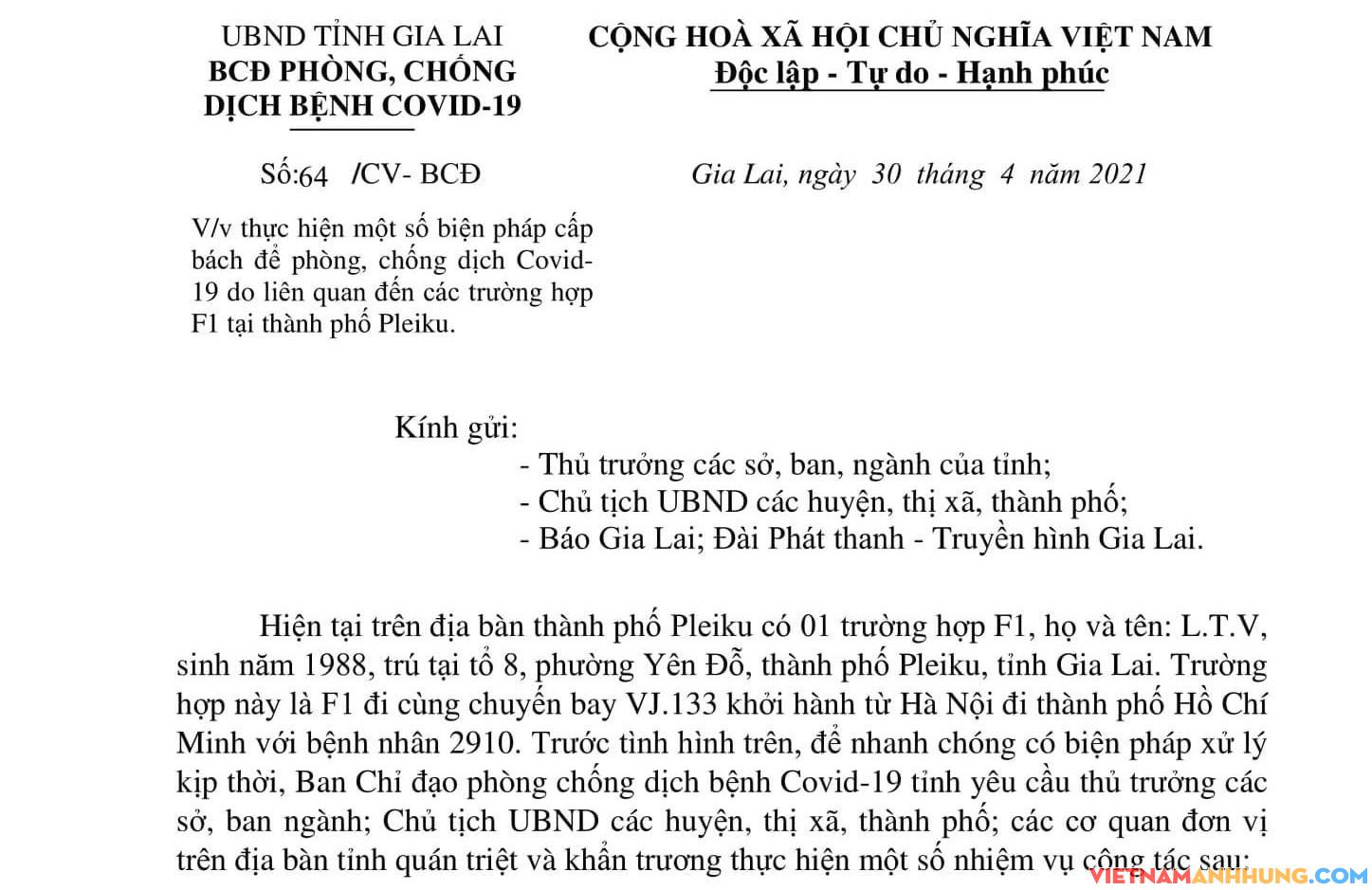Ban Chỉ đạo phòng, chống dịch Covid-19 tỉnh Gia Lai yêu cầu thực hiện một số biện pháp cấp bách để phòng, chống dịch bệnh Covid-19