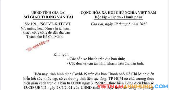 Tỉnh Gia Lai tạm dừng hoạt động vận tải hành khách công cộng đi/đến địa bàn TP. Hồ Chí Minh