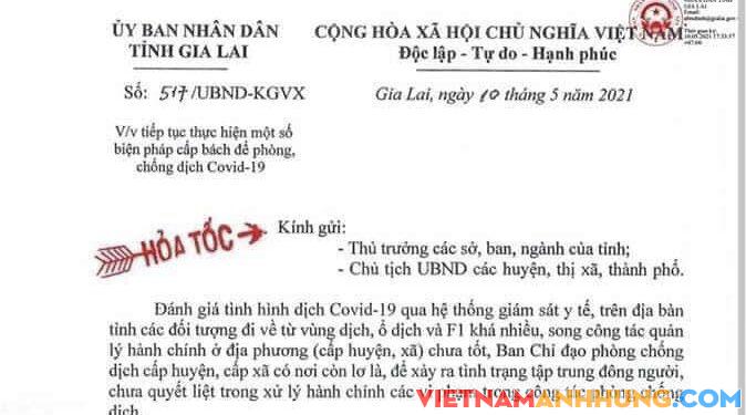 Hoả tốc: UBND tỉnh Gia Lai tiếp tục thực hiện một số biện pháp cấp bách để phòng, chống dịch Covid19.