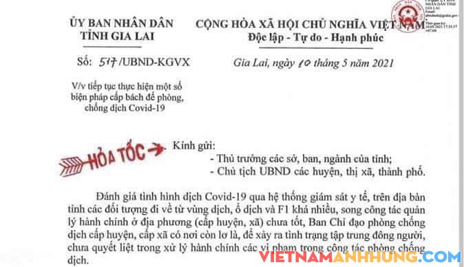 Hoả tốc: UBND tỉnh Gia Lai tiếp tục thực hiện một số biện pháp cấp bách để phòng, chống dịch Covid19.