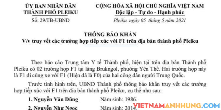 Thành phố Pleiku: Thông báo khẩn về việc truy vết các trường hợp tiếp xúc F1 trên địa bàn