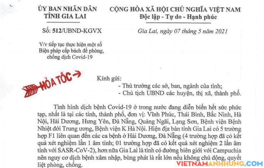 Công văn hỏa tốc của UBND tỉnh Gia Lai về công tác phòng chống dịch COVID-19 trên địa bàn tỉnh