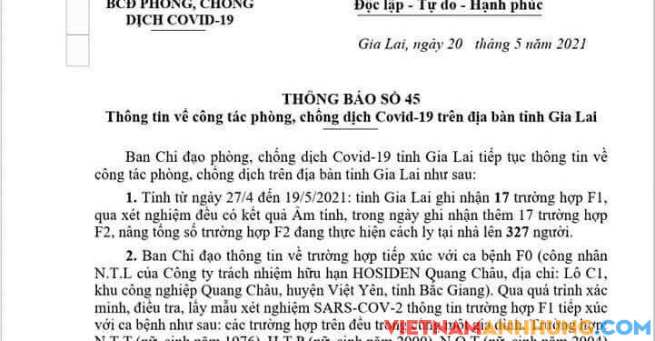 GIA LAI:  03 trường hợp F1 của bệnh nhân mắc covid-19 tại Bắc Giang đã có kết quả xét nghiệm Âm tính (lần 1) với SARS-COV-2.