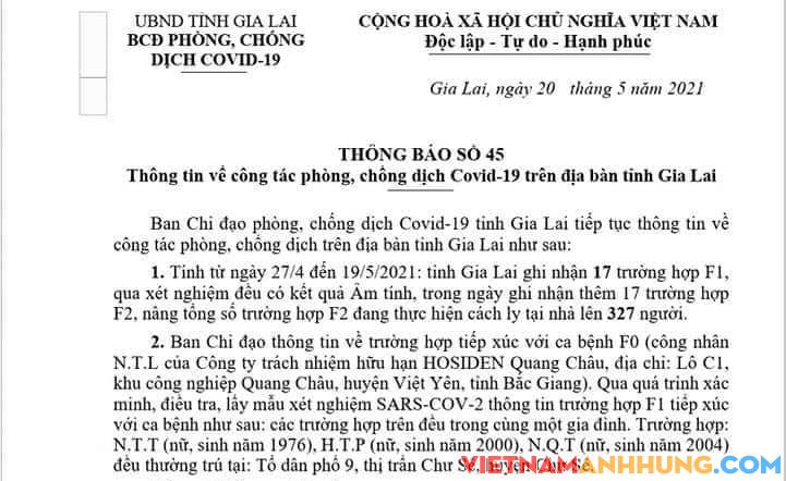 GIA LAI: 03 trường hợp F1 của bệnh nhân mắc covid-19 tại Bắc Giang đã có kết quả xét nghiệm Âm tính (lần 1) với SARS-COV-2.