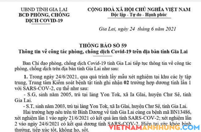 Nóng: Gia Lai ghi nhận 02 ca dương tính lần 1 với COVID-19 trong khu cách ly