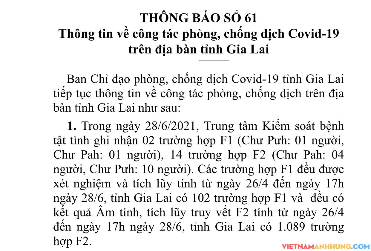 Thông báo số 61: Thông tin về công tác phòng, chống dịch Covid-19 trên địa bàn tỉnh Gia Lai