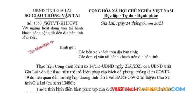 Gia Lai: Ngừng hoạt động vận tải hành khách công cộng đi/đến địa bàn tỉnh Phú Yên.