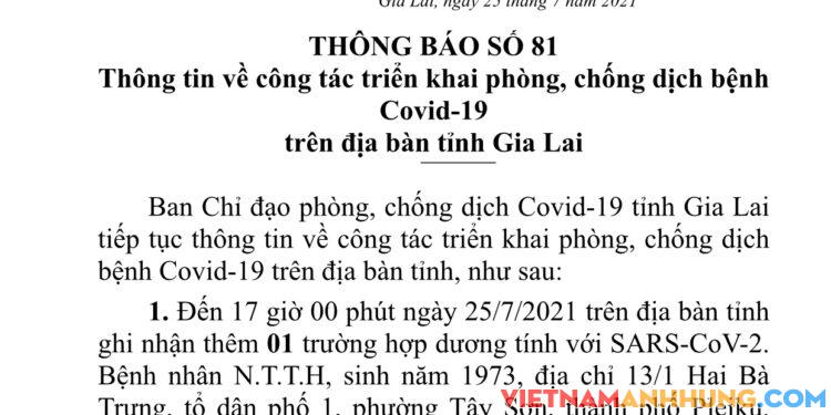Gia Lai: Ghi nhận thêm 01 trường hợp dương tính Sara-CoV-2