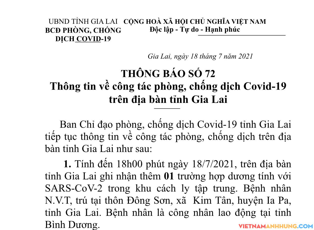 Thông báo số 72 của UBND tỉnh về tình hình phòng chống dịch ngày 18/7/2021