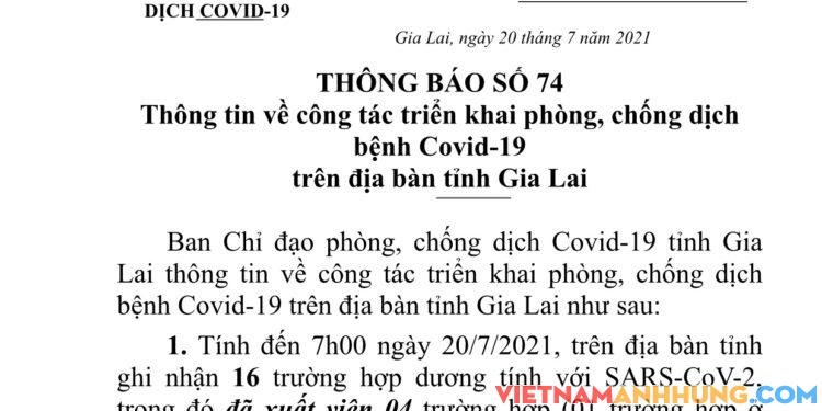 Thông báo số 74 của UBND tỉnh Gia Lai về công tác phòng, chống dịch Covid-19