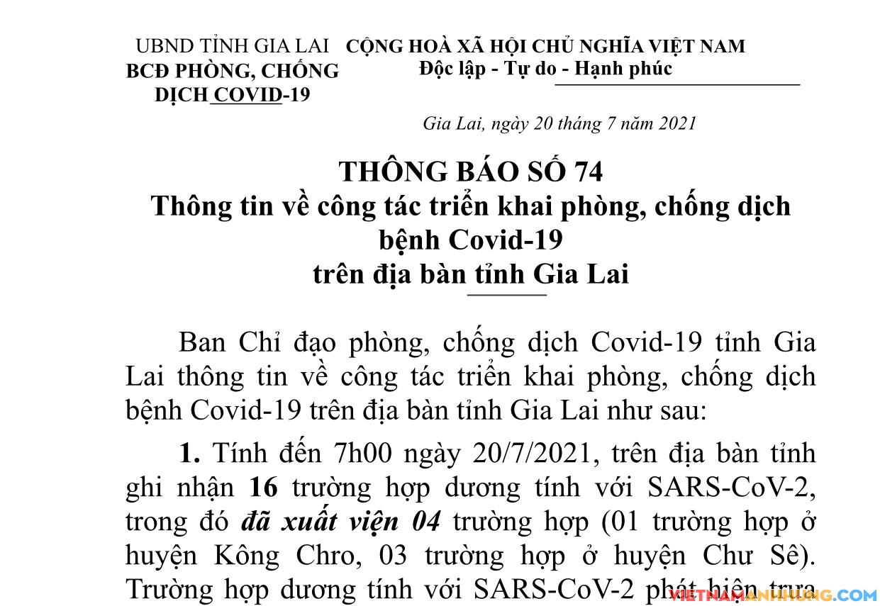 Thông báo số 74 của UBND tỉnh Gia Lai về công tác phòng, chống dịch Covid-19