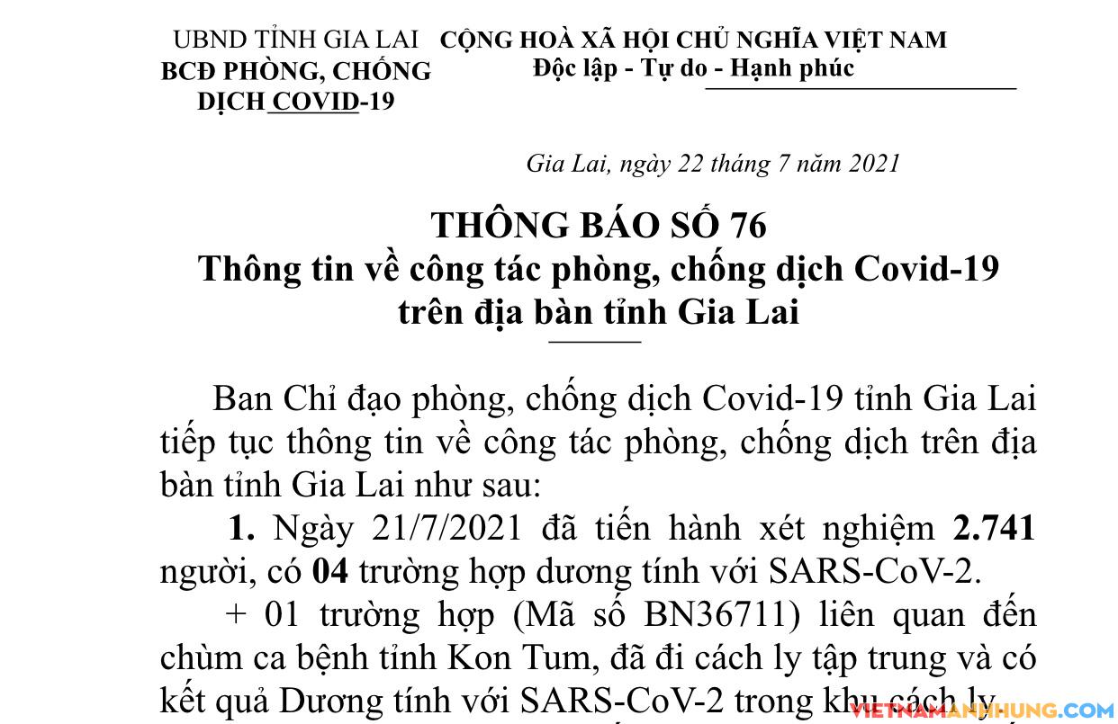 Gia Lai ghi nhận thêm 04 trường hợp dương tính Sars-Cov-2