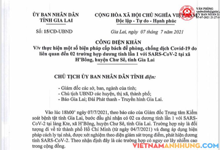 Công điện khẩn của UBND tỉnh Gia Lai về phòng, chống dịch Covid-19